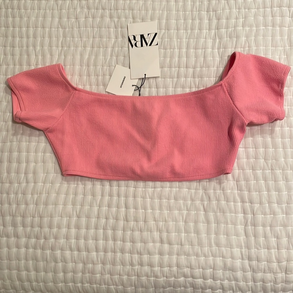 NWT Zara Pink short sleeve bandeau/bralette/bikini top in pink size small - Picture 1 of 5
